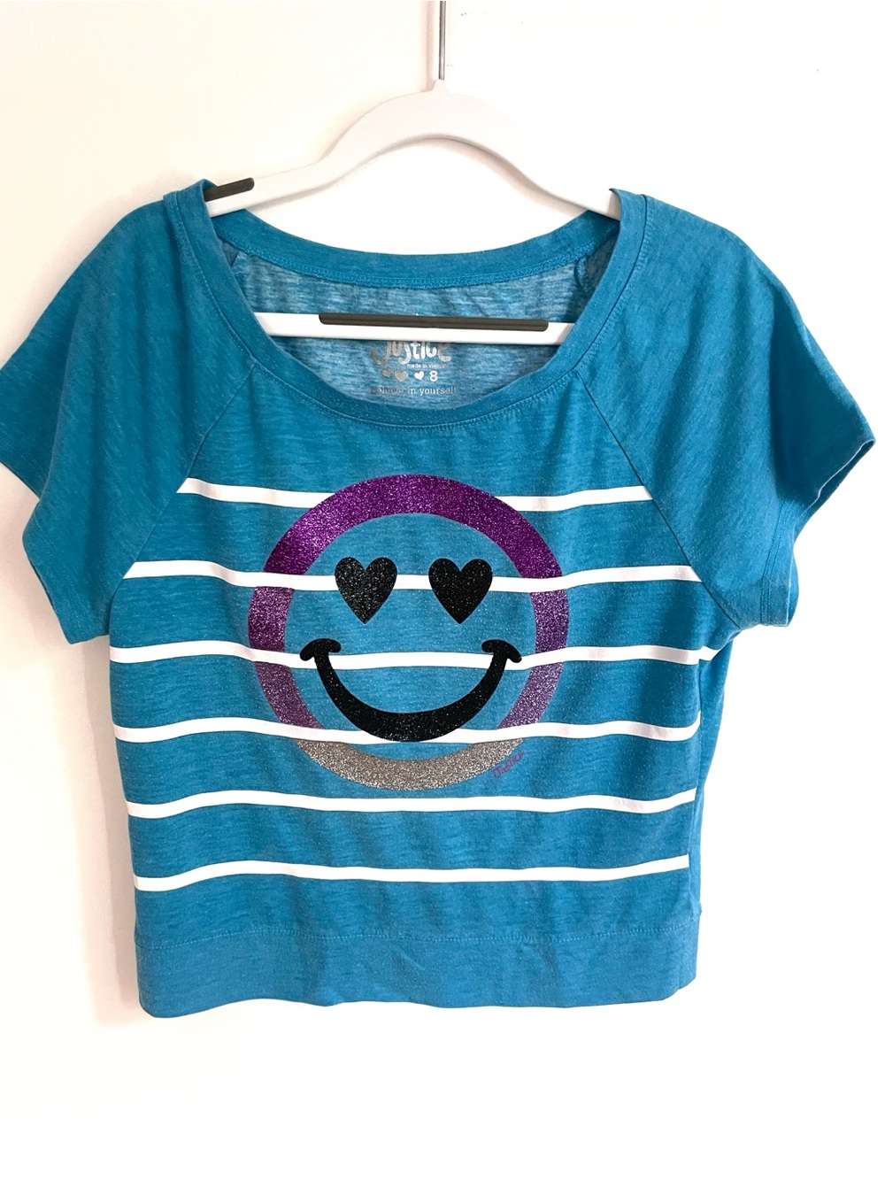 $4 💥🖤 Smiley Face Glitter Emoji Tee, Slight Crop, Boatneck, Teal & Purple